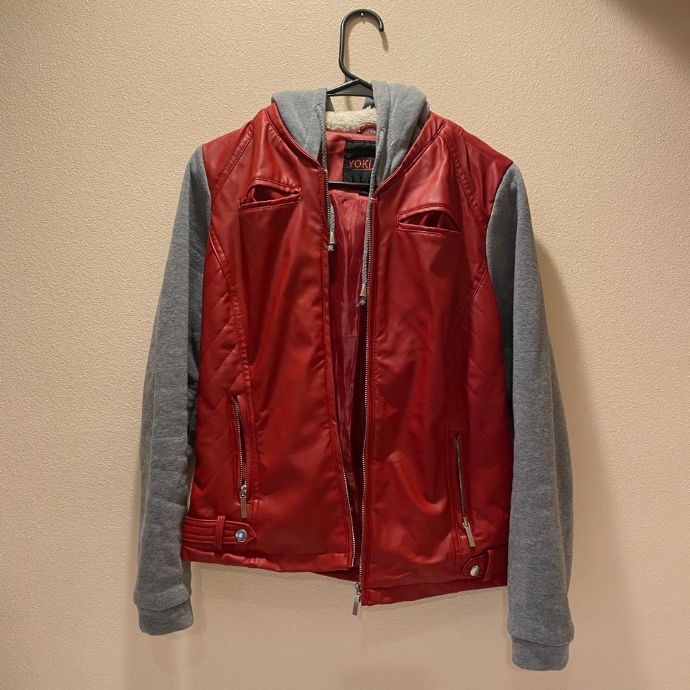 Red leather and gray jacket